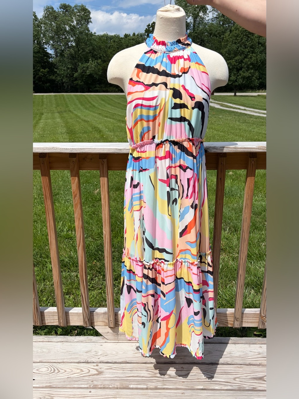 UMGEE - MEDIUM Halter Top DRESS High Neck Ruffle Colorful Swirl Maximalist‎